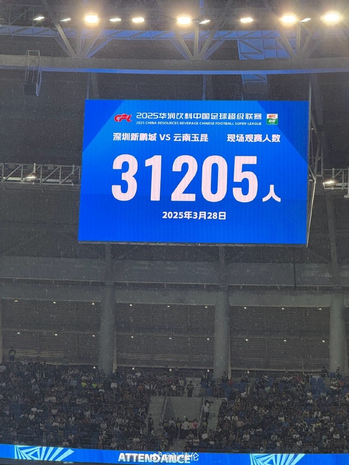 新鵬城新賽季首個主場現(xiàn)場觀眾31205人，為隊史最高上座人數